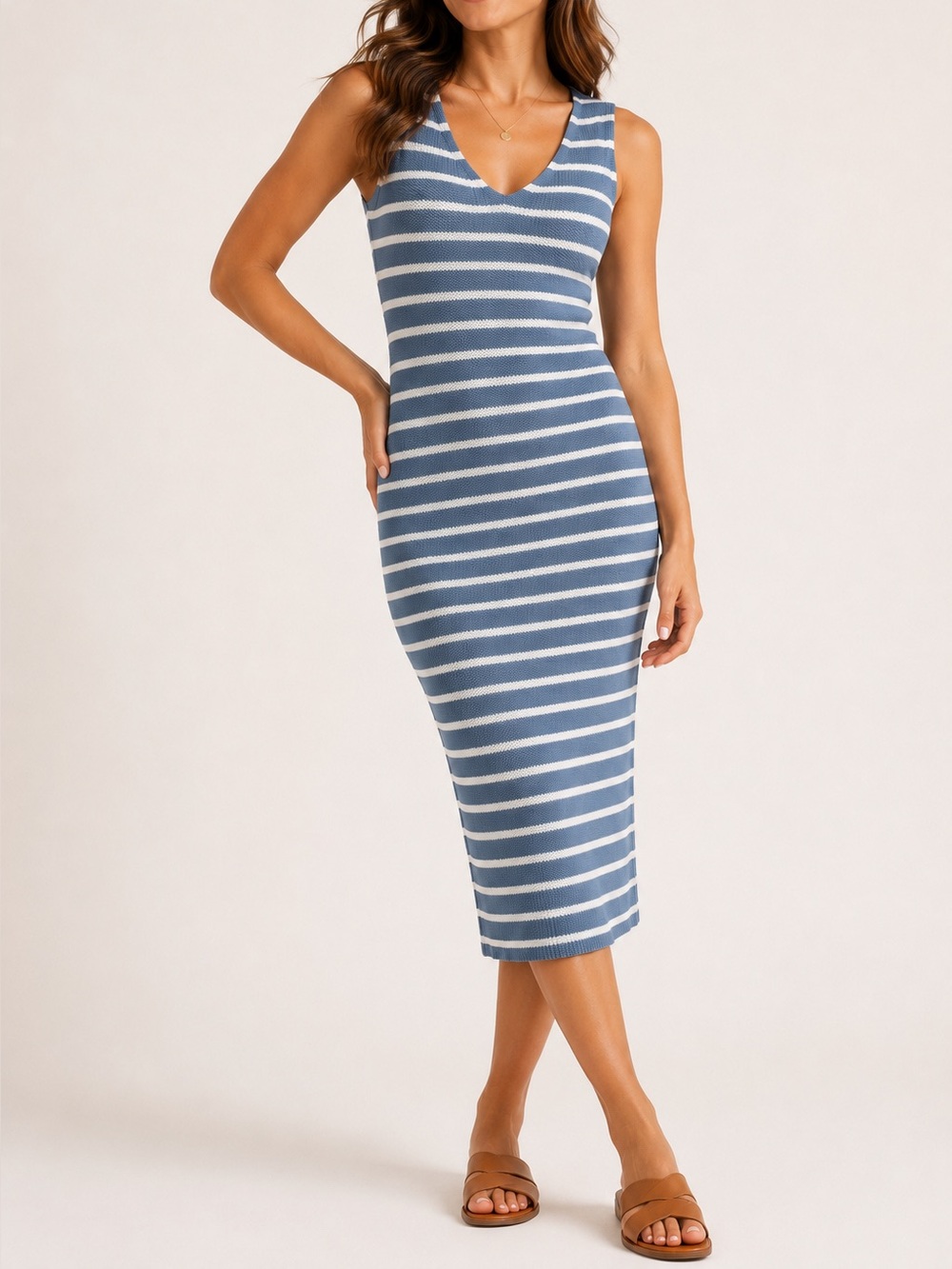 Mexx Dusty Blue & Cream Striped Knit Midi Dress NWT Size L V-Neck